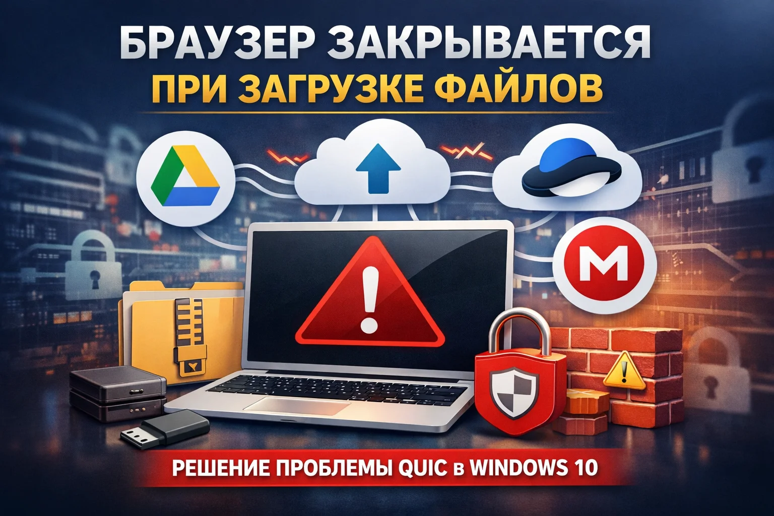 Браузер закрывается при загрузке больших файлов (Яндекс Диск, Google Drive, MEGA) — решение проблемы QUIC в Windows 10