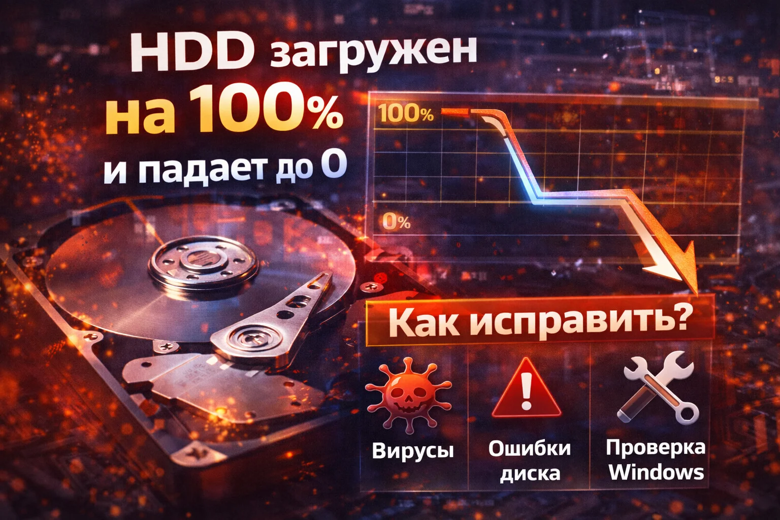 HDD диск загружен на 100% и падает до 0 — причины и способы решения